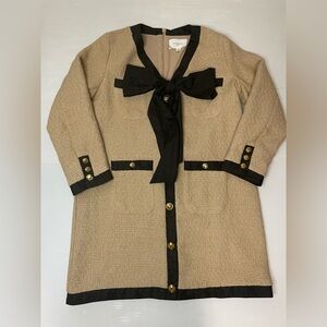 Pomander Place Tan Coco Tweed Bow Retro Button Long Sleeve Mini Dress Size L